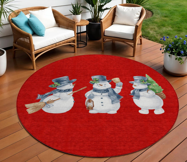 HomeRoots 8' Round Snowmen Area Rug in Red, Denim Blue & Ivory – Durable, Washable Indoor/Outdoor Charm 621774