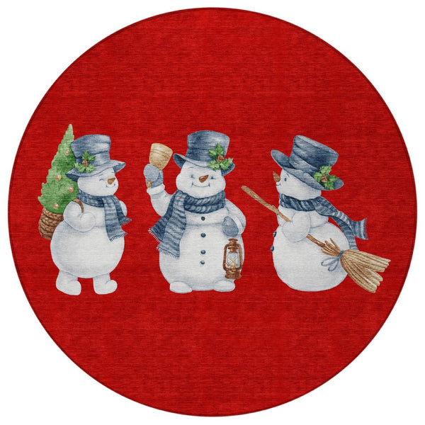 HomeRoots 8' Round Snowmen Area Rug in Red, Denim Blue & Ivory – Durable, Washable Indoor/Outdoor Charm 621774