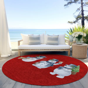 HomeRoots 8' Round Snowmen Area Rug in Red, Denim Blue & Ivory – Durable, Washable Indoor/Outdoor Charm 621774
