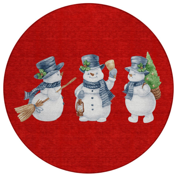 HomeRoots 8' Round Snowmen Area Rug in Red, Denim Blue & Ivory – Durable, Washable Indoor/Outdoor Charm 621774