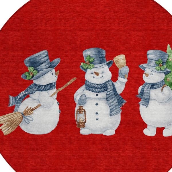 HomeRoots 8' Round Snowmen Area Rug in Red, Denim Blue & Ivory – Durable, Washable Indoor/Outdoor Charm 621774