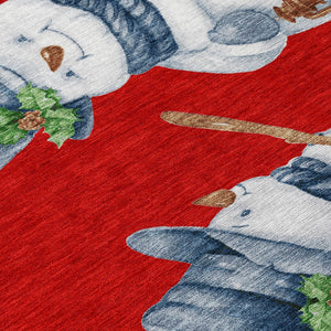 HomeRoots 8' Round Snowmen Area Rug in Red, Denim Blue & Ivory – Durable, Washable Indoor/Outdoor Charm 621774
