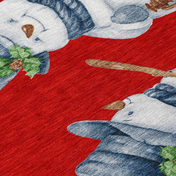 HomeRoots 8' Round Snowmen Area Rug in Red, Denim Blue & Ivory – Durable, Washable Indoor/Outdoor Charm 621774