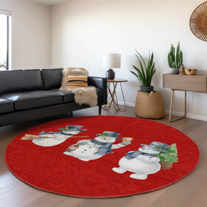 HomeRoots 8' Round Snowmen Area Rug in Red, Denim Blue & Ivory – Durable, Washable Indoor/Outdoor Charm 621774