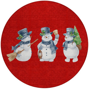 HomeRoots 8' Round Snowmen Area Rug in Red, Denim Blue & Ivory – Durable, Washable Indoor/Outdoor Charm 621774