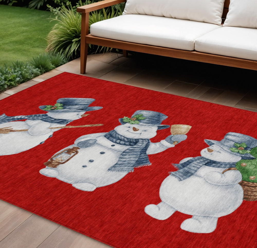 HomeRoots 9' Washable Indoor Outdoor Area Rug with Cheerful Snowmen Motif in Red Denim, Blue & Ivory Tones 621776