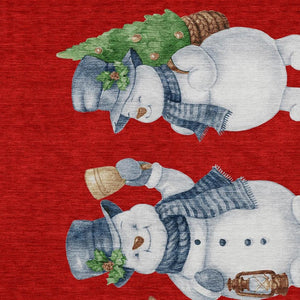 HomeRoots 9' Washable Indoor Outdoor Area Rug with Cheerful Snowmen Motif in Red Denim, Blue & Ivory Tones 621776