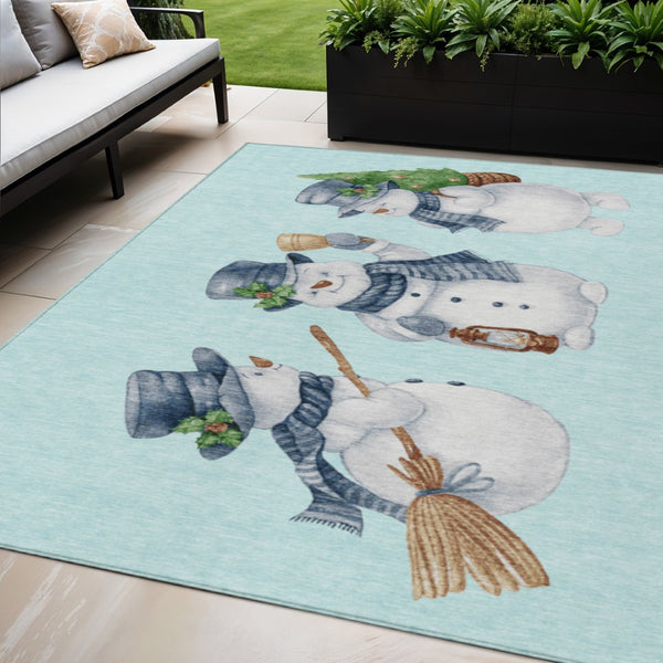 HomeRoots 5' X 8' Snowmen Indoor Outdoor Area Rug - Sky Blue & Ivory Washable, Durable, Stylish Decor for All Spaces 621779