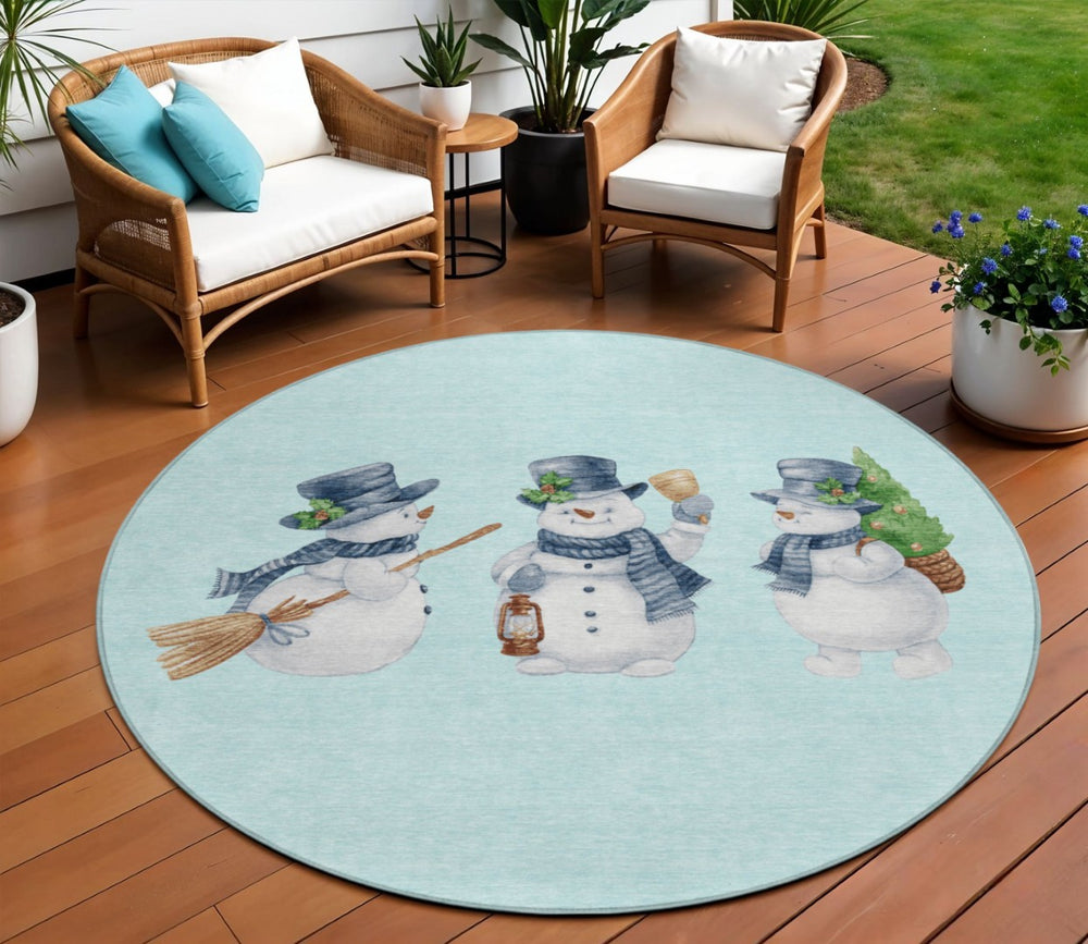 HomeRoots 8' Round Snowmen Area Rug in Sky Blue & Ivory - Durable, Washable for Indoor & Outdoor Use! 621780