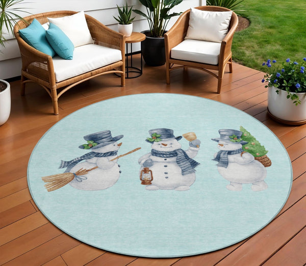 HomeRoots 8' Round Snowmen Area Rug in Sky Blue & Ivory - Durable, Washable for Indoor & Outdoor Use! 621780