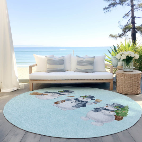 HomeRoots 8' Round Snowmen Area Rug in Sky Blue & Ivory - Durable, Washable for Indoor & Outdoor Use! 621780