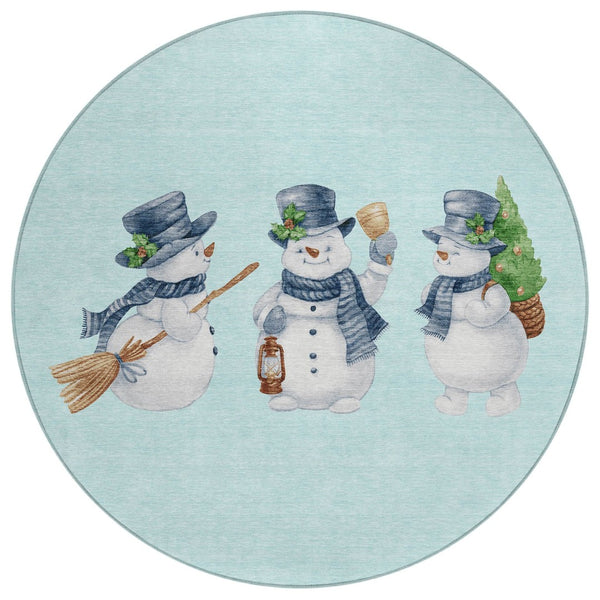 HomeRoots 8' Round Snowmen Area Rug in Sky Blue & Ivory - Durable, Washable for Indoor & Outdoor Use! 621780