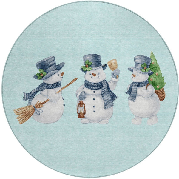 HomeRoots 8' Round Snowmen Area Rug in Sky Blue & Ivory - Durable, Washable for Indoor & Outdoor Use! 621780