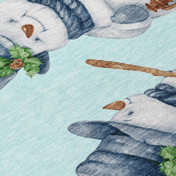HomeRoots 8' Round Snowmen Area Rug in Sky Blue & Ivory - Durable, Washable for Indoor & Outdoor Use! 621780