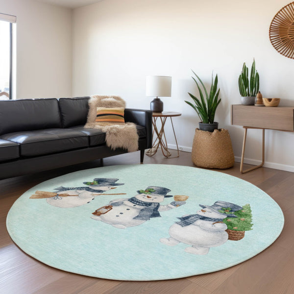 HomeRoots 8' Round Snowmen Area Rug in Sky Blue & Ivory - Durable, Washable for Indoor & Outdoor Use! 621780