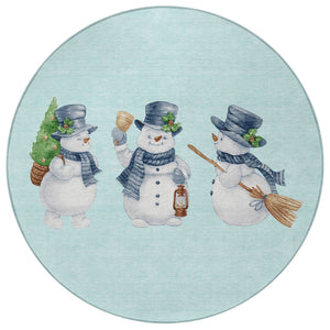 HomeRoots 8' Round Snowmen Area Rug in Sky Blue & Ivory - Durable, Washable for Indoor & Outdoor Use! 621780