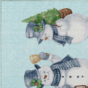 HomeRoots 8' X 10' Charming Snowmen Area Rug in Sky Blue & Ivory - Durable, Washable for Indoor & Outdoor Use! 621781
