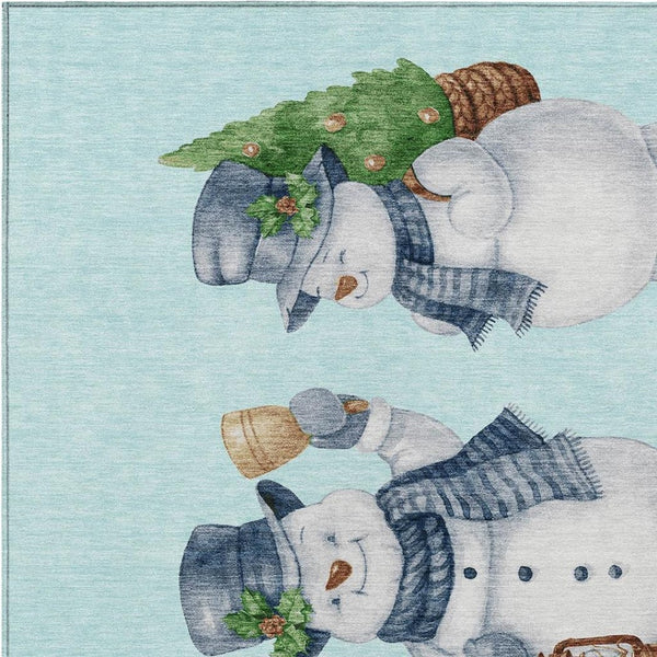 HomeRoots 8' X 10' Charming Snowmen Area Rug in Sky Blue & Ivory - Durable, Washable for Indoor & Outdoor Use! 621781