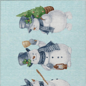 HomeRoots 8' X 10' Charming Snowmen Area Rug in Sky Blue & Ivory - Durable, Washable for Indoor & Outdoor Use! 621781