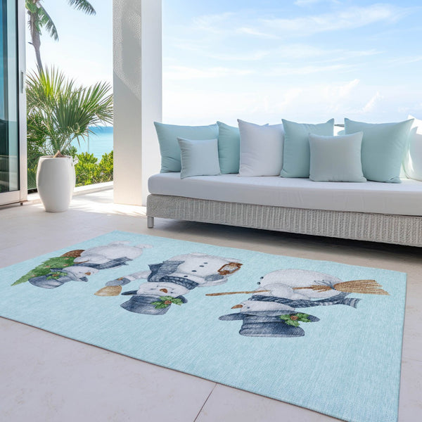 HomeRoots 8' X 10' Charming Snowmen Area Rug in Sky Blue & Ivory - Durable, Washable for Indoor & Outdoor Use! 621781