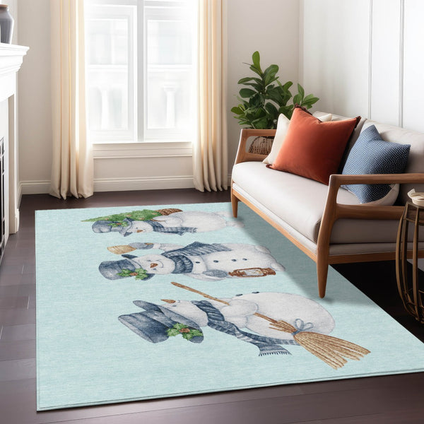 HomeRoots 8' X 10' Charming Snowmen Area Rug in Sky Blue & Ivory - Durable, Washable for Indoor & Outdoor Use! 621781