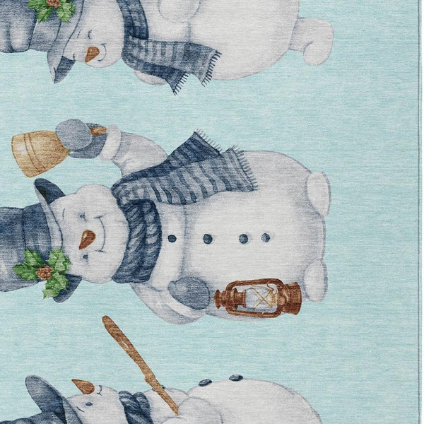 HomeRoots 9' Cheerful Snowmen Washable Indoor Outdoor Area Rug in Sky Blue & Denim Blue for All Spaces 621782