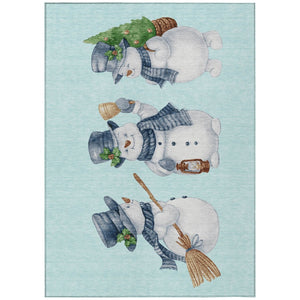 HomeRoots 9' Cheerful Snowmen Washable Indoor Outdoor Area Rug in Sky Blue & Denim Blue for All Spaces 621782