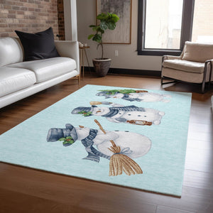 HomeRoots 9' Cheerful Snowmen Washable Indoor Outdoor Area Rug in Sky Blue & Denim Blue for All Spaces 621782