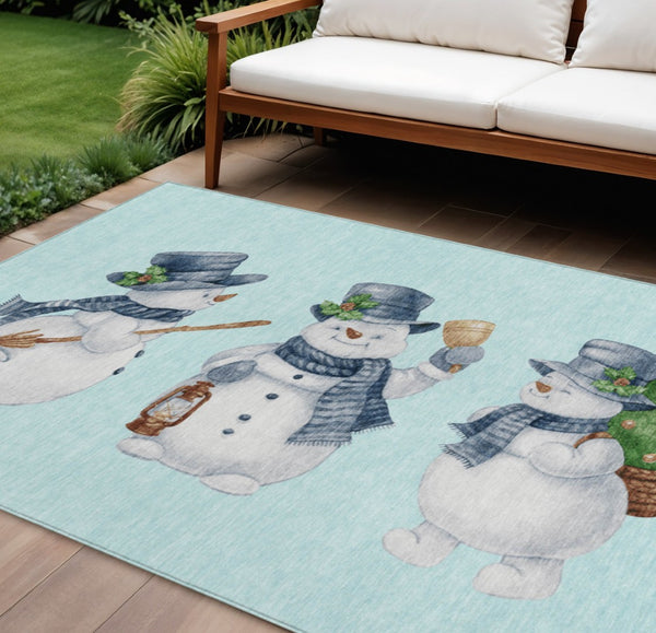 HomeRoots 10' Sky Blue Denim Blue & Ivory Snowmen Rug - Durable, Washable Indoor/Outdoor Area Mat for All Spaces 621783