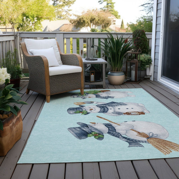 HomeRoots 10' Sky Blue Denim Blue & Ivory Snowmen Rug - Durable, Washable Indoor/Outdoor Area Mat for All Spaces 621783