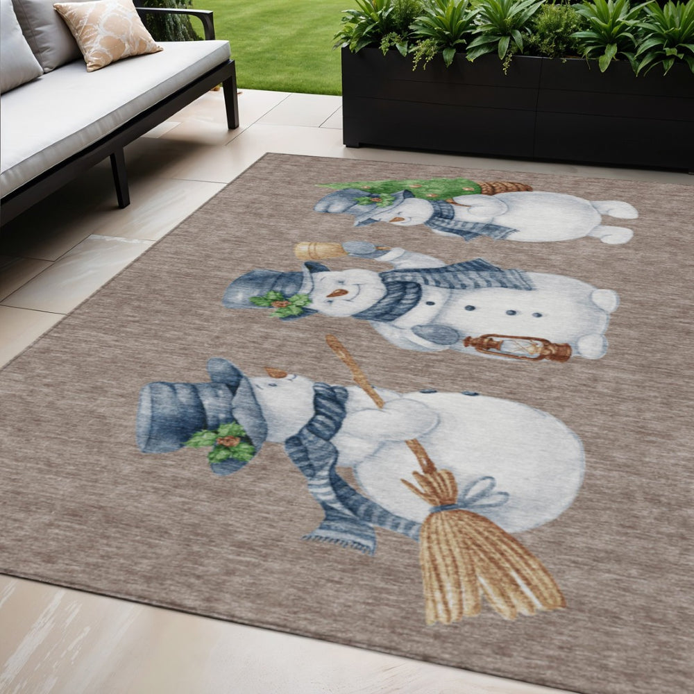 HomeRoots 5' X 8' Snowmen Area Rug in Taupe, Denim Blue & Ivory—Durable, Washable for Indoor & Outdoor Use! 621785