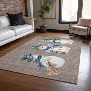 HomeRoots 5' X 8' Snowmen Area Rug in Taupe, Denim Blue & Ivory—Durable, Washable for Indoor & Outdoor Use! 621785