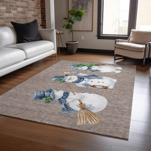 HomeRoots 5' X 8' Snowmen Area Rug in Taupe, Denim Blue & Ivory—Durable, Washable for Indoor & Outdoor Use! 621785