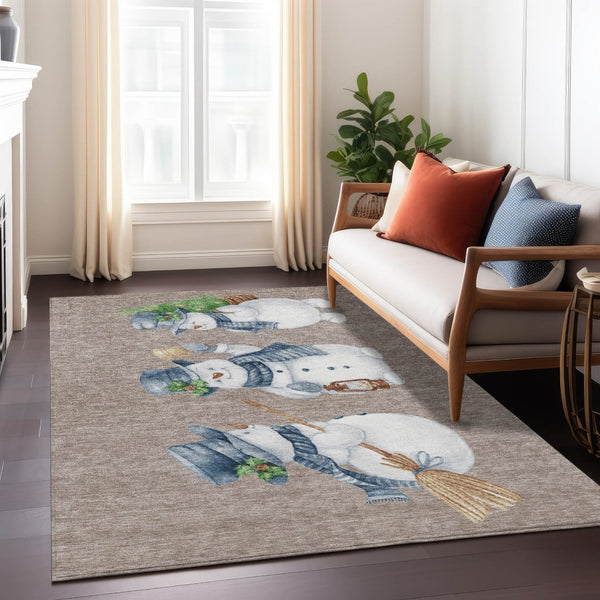HomeRoots 5' X 8' Snowmen Area Rug in Taupe, Denim Blue & Ivory—Durable, Washable for Indoor & Outdoor Use! 621785