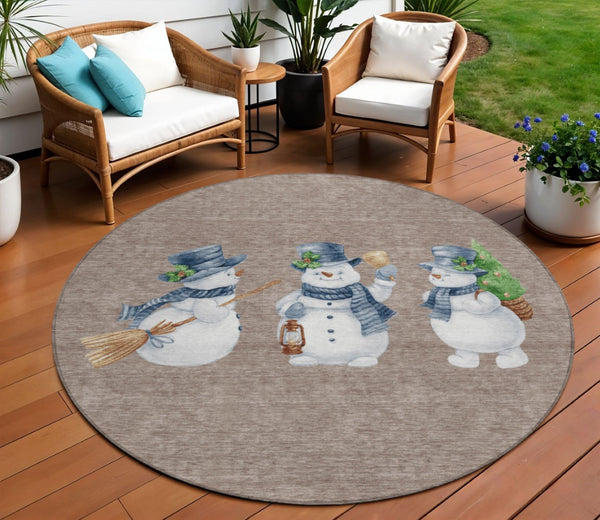 HomeRoots 8' Round Snowmen Area Rug in Taupe, Denim Blue & Ivory - Washable, Indoor/Outdoor, Durable Design 621786