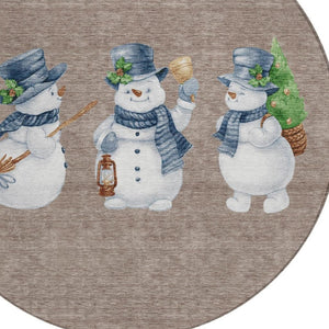 HomeRoots 8' Round Snowmen Area Rug in Taupe, Denim Blue & Ivory - Washable, Indoor/Outdoor, Durable Design 621786