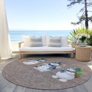 HomeRoots 8' Round Snowmen Area Rug in Taupe, Denim Blue & Ivory - Washable, Indoor/Outdoor, Durable Design 621786