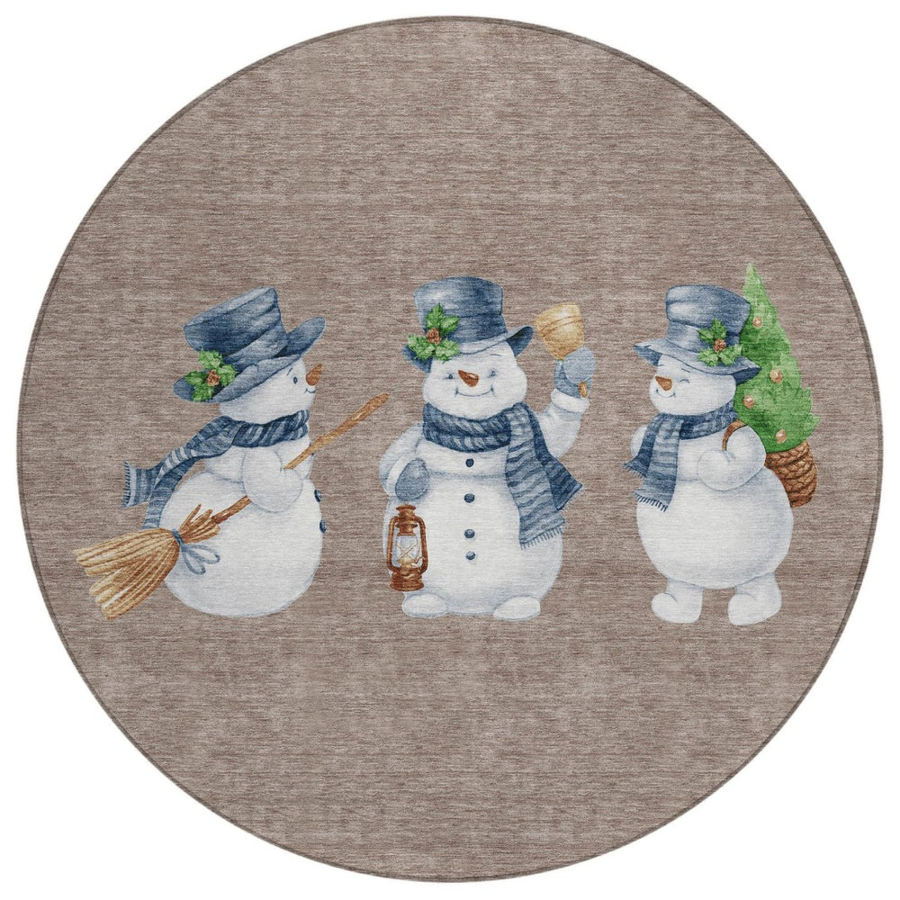 HomeRoots 8' Round Snowmen Area Rug in Taupe, Denim Blue & Ivory - Washable, Indoor/Outdoor, Durable Design 621786