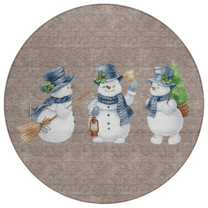 HomeRoots 8' Round Snowmen Area Rug in Taupe, Denim Blue & Ivory - Washable, Indoor/Outdoor, Durable Design 621786