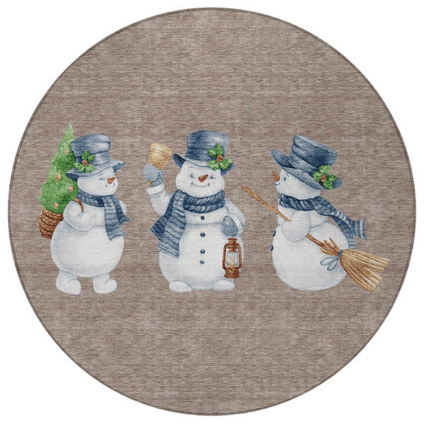 HomeRoots 8' Round Snowmen Area Rug in Taupe, Denim Blue & Ivory - Washable, Indoor/Outdoor, Durable Design 621786