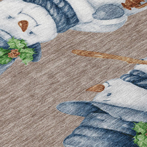 HomeRoots 8' Round Snowmen Area Rug in Taupe, Denim Blue & Ivory - Washable, Indoor/Outdoor, Durable Design 621786
