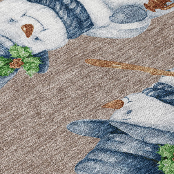 HomeRoots 8' Round Snowmen Area Rug in Taupe, Denim Blue & Ivory - Washable, Indoor/Outdoor, Durable Design 621786