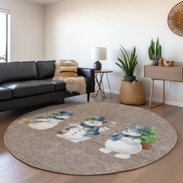 HomeRoots 8' Round Snowmen Area Rug in Taupe, Denim Blue & Ivory - Washable, Indoor/Outdoor, Durable Design 621786
