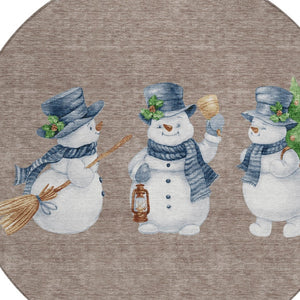 HomeRoots 8' Round Snowmen Area Rug in Taupe, Denim Blue & Ivory - Washable, Indoor/Outdoor, Durable Design 621786