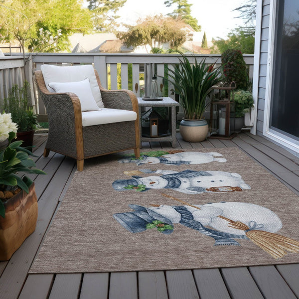 HomeRoots 8' X 10' Snowmen Area Rug in Taupe, Denim Blue & Ivory - Washable, Durable for Indoor/Outdoor Use! 621787