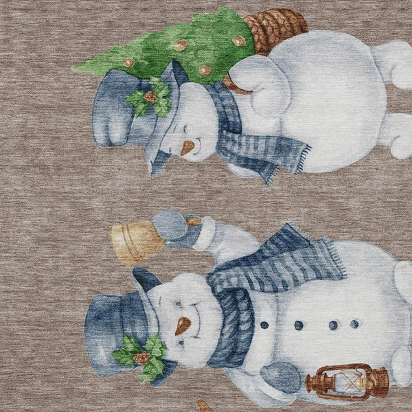 HomeRoots 10' X 14' Indoor Outdoor Washable Area Rug with Charming Snowmen Design in Taupe & Denim Blue 621789