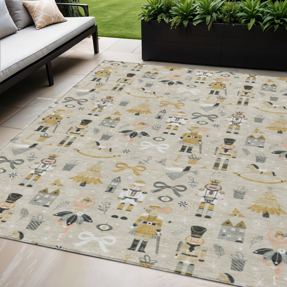 HomeRoots 5' Washable Beige, Gold, Black & Gray Village House Area Rug for Indoor/Outdoor Spaces – Durable & Stylish 621791