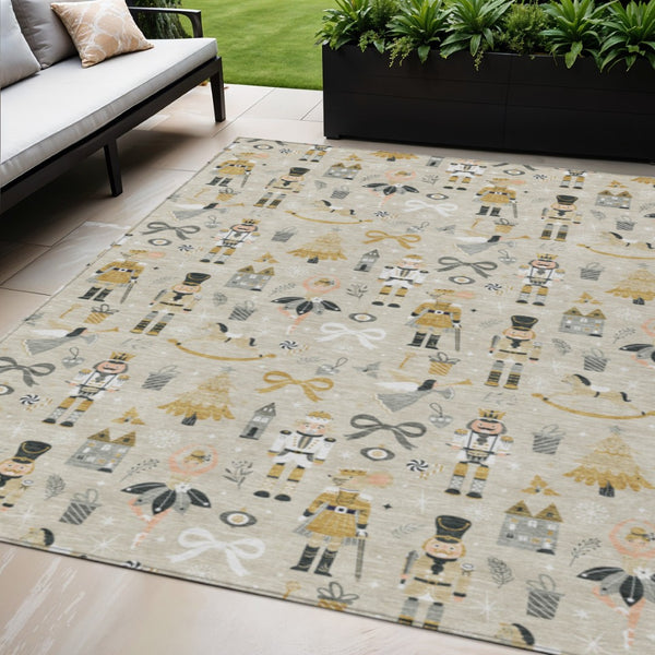 HomeRoots 5' Washable Beige, Gold, Black & Gray Village House Area Rug for Indoor/Outdoor Spaces – Durable & Stylish 621791