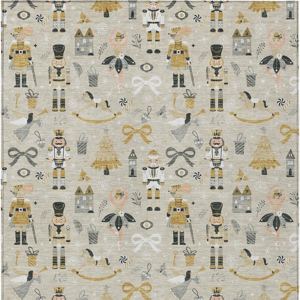 HomeRoots 5' Washable Beige, Gold, Black & Gray Village House Area Rug for Indoor/Outdoor Spaces – Durable & Stylish 621791
