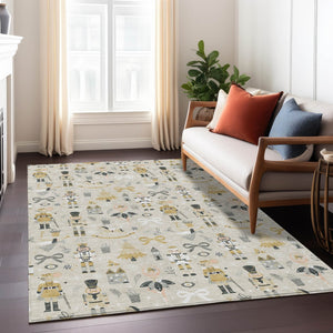HomeRoots 5' Washable Beige, Gold, Black & Gray Village House Area Rug for Indoor/Outdoor Spaces – Durable & Stylish 621791